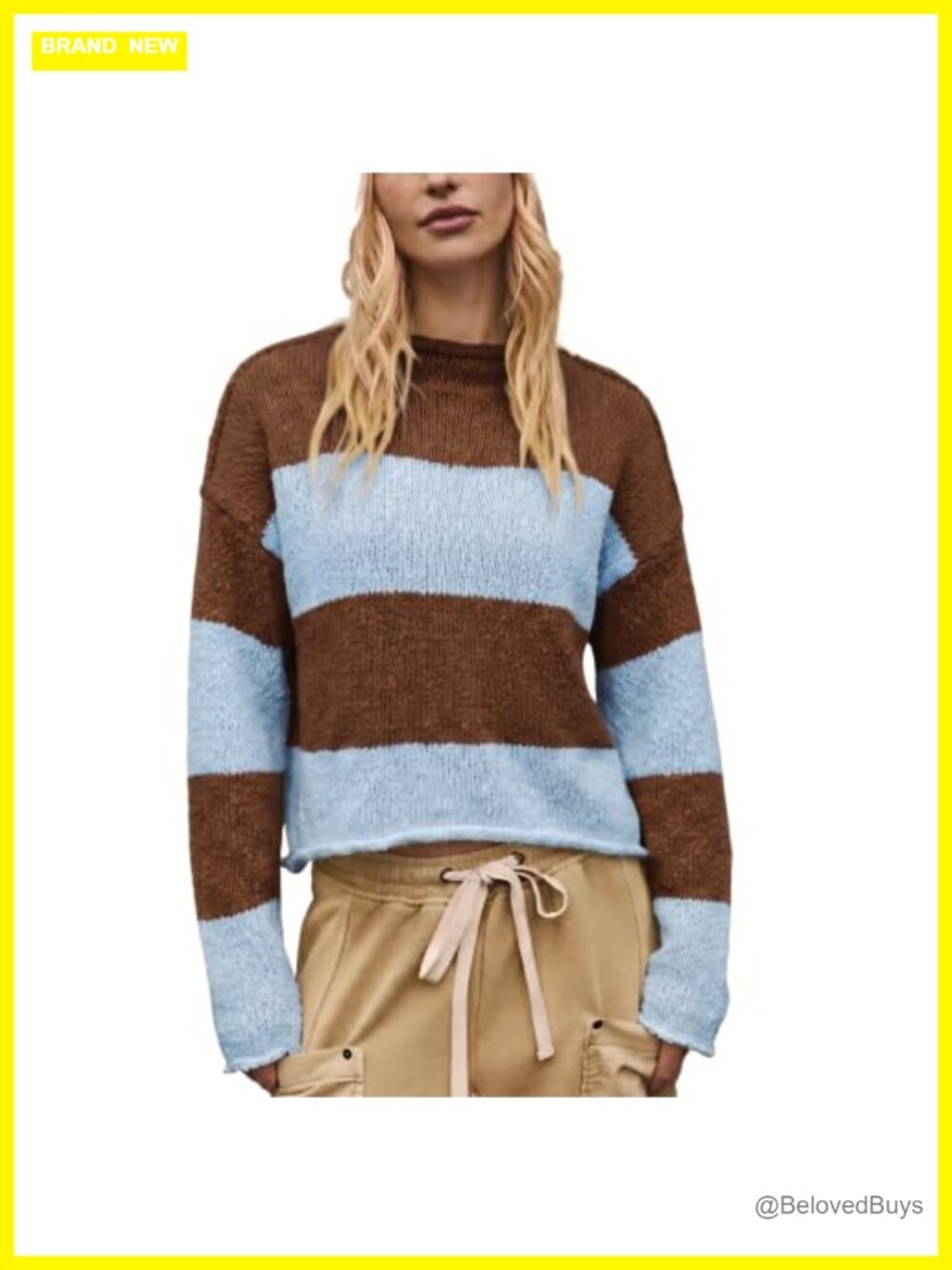 Womens Striped Oversized Cropped Roll Neck Chunky Knit Pullover Sweater Casual